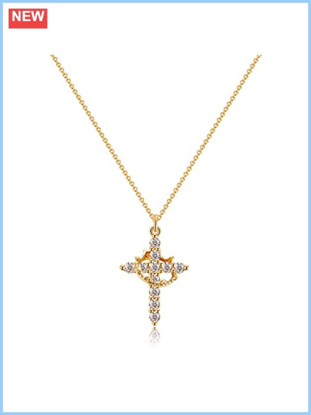 Crown Cross Pendant Necklace Gold Plated Cubic Zirconia Cable Chain